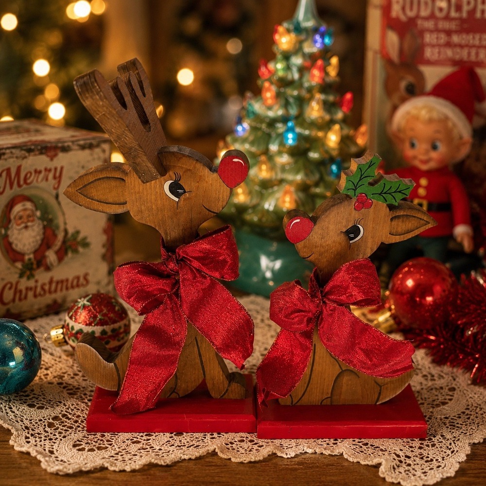 Vintage 1980s Wooden Rudolph Reindeer Pair Handmade Christmas Folk Art Decor